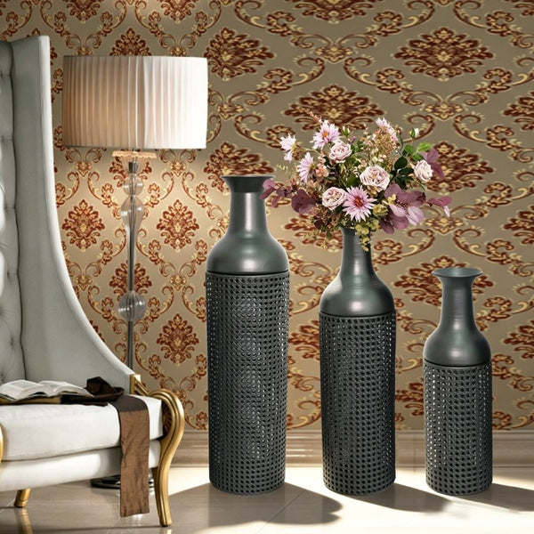 English Elm Decorative Metal Floor Vase Trio Leaf Print Cylindrical Set for Entryway Living Room W5977P521293