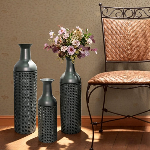 English Elm Decorative Metal Floor Vase Trio Leaf Print Cylindrical Set for Entryway Living Room W5977P521293