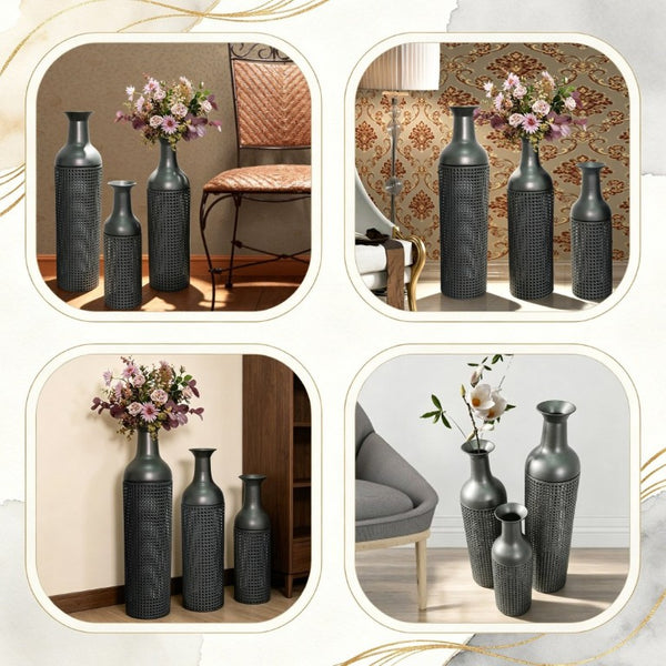 English Elm Decorative Metal Floor Vase Trio Leaf Print Cylindrical Set for Entryway Living Room W5977P521293