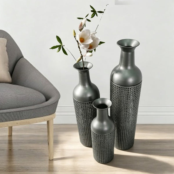 English Elm Decorative Metal Floor Vase Trio Leaf Print Cylindrical Set for Entryway Living Room W5977P521293