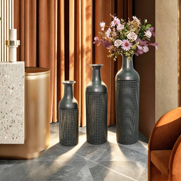 English Elm Decorative Metal Floor Vase Trio Leaf Print Cylindrical Set for Entryway Living Room W5977P521293