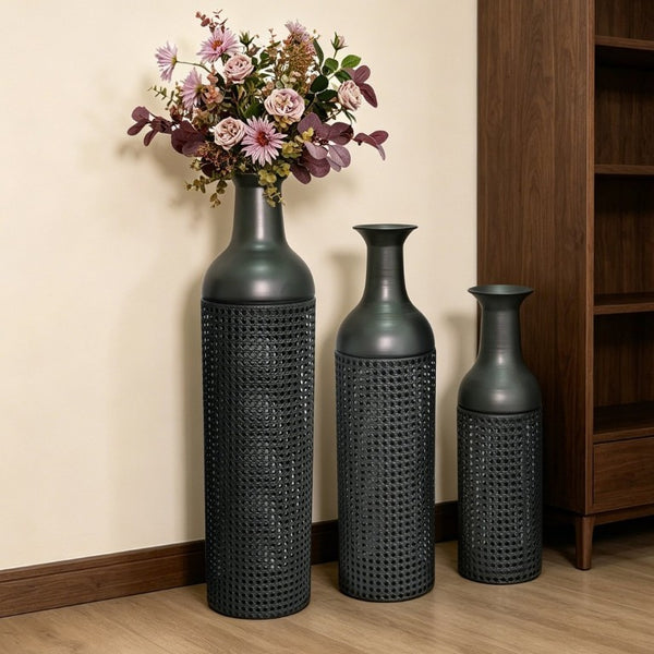 English Elm Decorative Metal Floor Vase Trio Leaf Print Cylindrical Set for Entryway Living Room W5977P521293