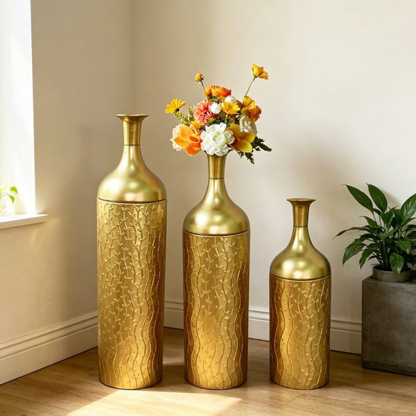 English Elm Decorative Gold Leaf Metal Floor Vase Trio Graduated Heights for Entryway Living Room W5977P521295