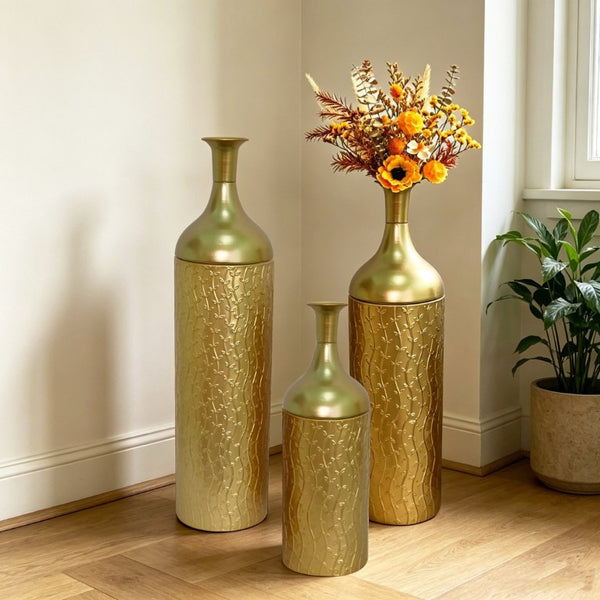 English Elm Decorative Gold Leaf Metal Floor Vase Trio Graduated Heights for Entryway Living Room W5977P521295
