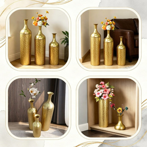 English Elm Decorative Gold Leaf Metal Floor Vase Trio Graduated Heights for Entryway Living Room W5977P521295