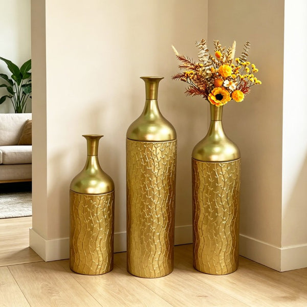 English Elm Decorative Gold Leaf Metal Floor Vase Trio Graduated Heights for Entryway Living Room W5977P521295