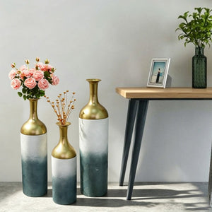 English Elm Decorative Metal Floor Vase Trio Gold Leaf Antique Finish Tall Entryway Statement Set W5977P521296
