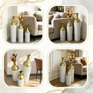 English Elm Decorative Metal Floor Vase Trio Gold Leaf Antique Finish Tall Entryway Statement Set W5977P521296
