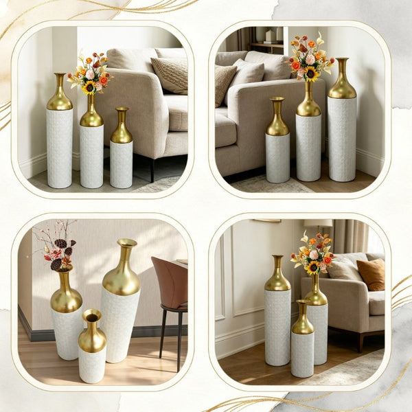 English Elm Decorative Metal Floor Vase Trio Gold Leaf Antique Finish Tall Entryway Statement Set W5977P521296