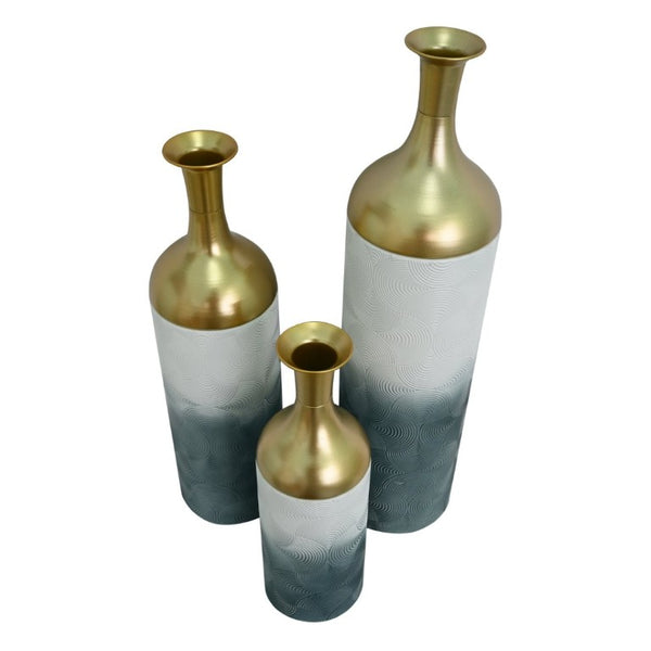 English Elm Decorative Metal Floor Vase Trio Gold Leaf Antique Finish Tall Entryway Statement Set W5977P521296