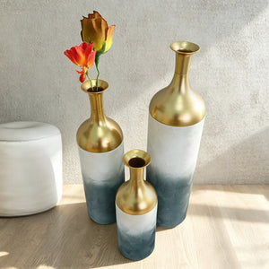 English Elm Decorative Metal Floor Vase Trio Gold Leaf Antique Finish Tall Entryway Statement Set W5977P521296