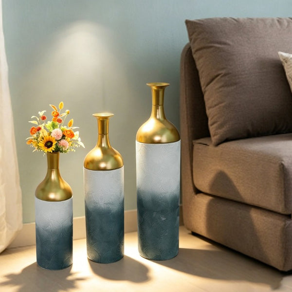 English Elm Decorative Metal Floor Vase Trio Gold Leaf Antique Finish Tall Entryway Statement Set W5977P521296