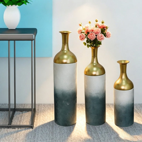 English Elm Decorative Metal Floor Vase Trio Gold Leaf Antique Finish Tall Entryway Statement Set W5977P521296