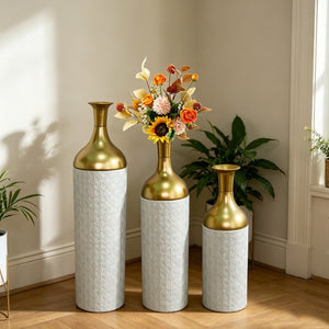 English Elm Decorative Floor Vase Set of 3 White Metal with Hand Applied Gold Leaf Pattern W5977P521297