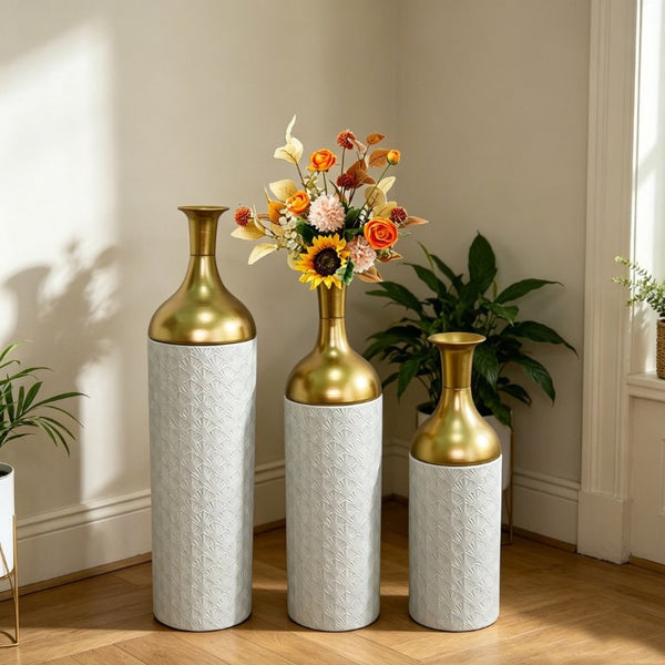 English Elm Decorative Floor Vase Set of 3 White Metal with Hand Applied Gold Leaf Pattern W5977P521297