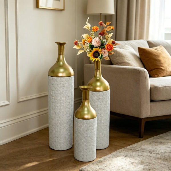 English Elm Decorative Floor Vase Set of 3 White Metal with Hand Applied Gold Leaf Pattern W5977P521297