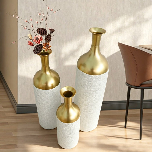 English Elm Decorative Floor Vase Set of 3 White Metal with Hand Applied Gold Leaf Pattern W5977P521297