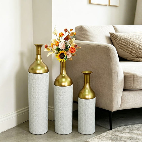 English Elm Decorative Floor Vase Set of 3 White Metal with Hand Applied Gold Leaf Pattern W5977P521297