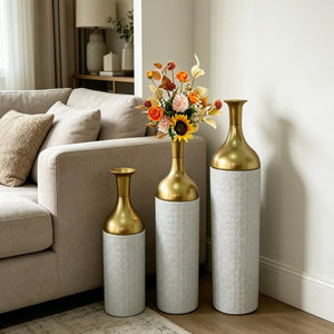 English Elm Decorative Floor Vase Set of 3 White Metal with Hand Applied Gold Leaf Pattern W5977P521297