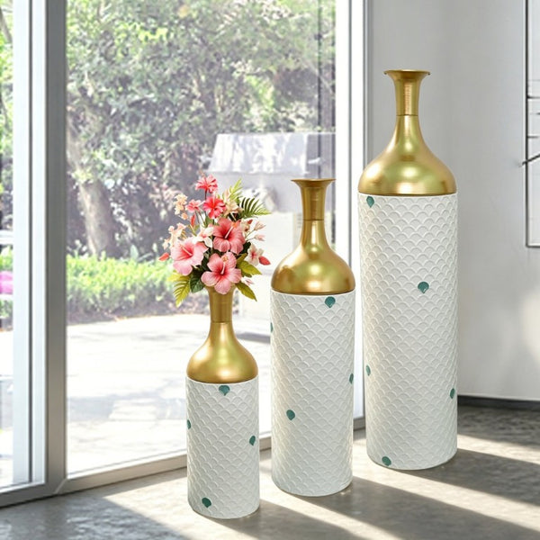 English Elm Decorative White Metal Floor Vase Trio with Hand Applied Gold Leaf for Entryways W5977P521298