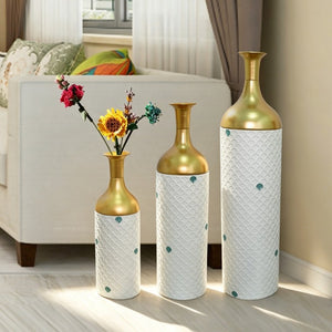 English Elm Decorative White Metal Floor Vase Trio with Hand Applied Gold Leaf for Entryways W5977P521298