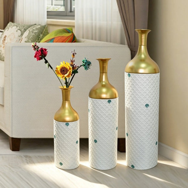 English Elm Decorative White Metal Floor Vase Trio with Hand Applied Gold Leaf for Entryways W5977P521298