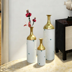 English Elm Decorative White Metal Floor Vase Trio with Hand Applied Gold Leaf for Entryways W5977P521298