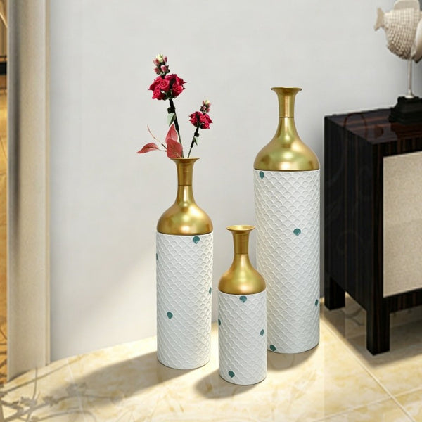 English Elm Decorative White Metal Floor Vase Trio with Hand Applied Gold Leaf for Entryways W5977P521298