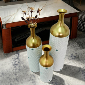 English Elm Decorative White Metal Floor Vase Trio with Hand Applied Gold Leaf for Entryways W5977P521298