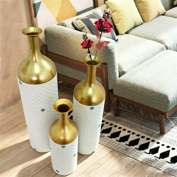 English Elm Decorative White Metal Floor Vase Trio with Hand Applied Gold Leaf for Entryways W5977P521298