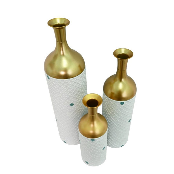 English Elm Decorative White Metal Floor Vase Trio with Hand Applied Gold Leaf for Entryways W5977P521298