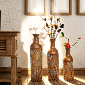 English Elm Decorative Tall Metal Floor Vase Trio Rustic Brown Embossed Leaf Entryway Accent W5977P521299
