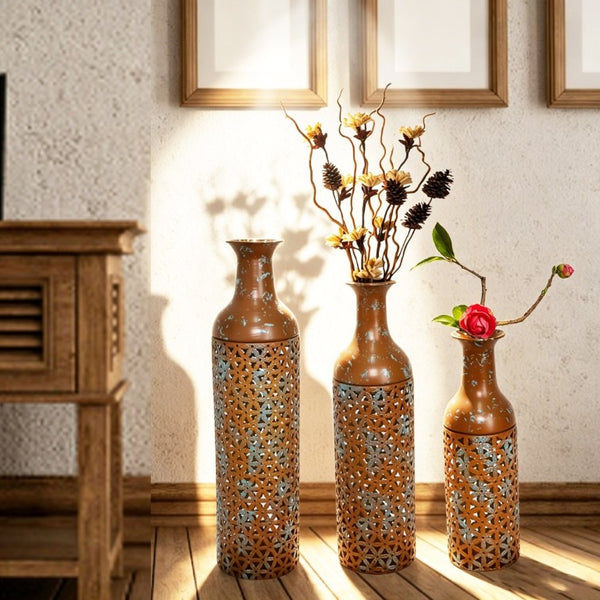 English Elm Decorative Tall Metal Floor Vase Trio Rustic Brown Embossed Leaf Entryway Accent W5977P521299