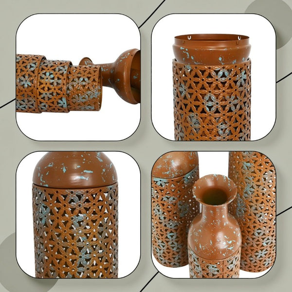 English Elm Decorative Tall Metal Floor Vase Trio Rustic Brown Embossed Leaf Entryway Accent W5977P521299