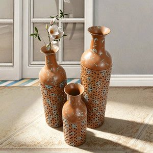 English Elm Decorative Tall Metal Floor Vase Trio Rustic Brown Embossed Leaf Entryway Accent W5977P521299