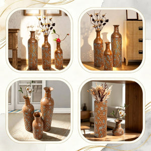 English Elm Decorative Tall Metal Floor Vase Trio Rustic Brown Embossed Leaf Entryway Accent W5977P521299