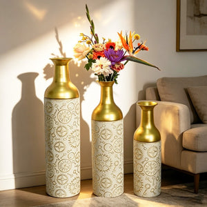 English Elm Decorative Antique White Gold Leaf Metal Floor Vase Trio for Living Room Entryway W5977P521300