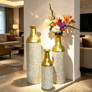 English Elm Decorative Antique White Gold Leaf Metal Floor Vase Trio for Living Room Entryway W5977P521300