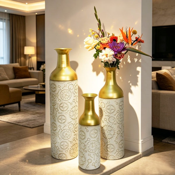 English Elm Decorative Antique White Gold Leaf Metal Floor Vase Trio for Living Room Entryway W5977P521300