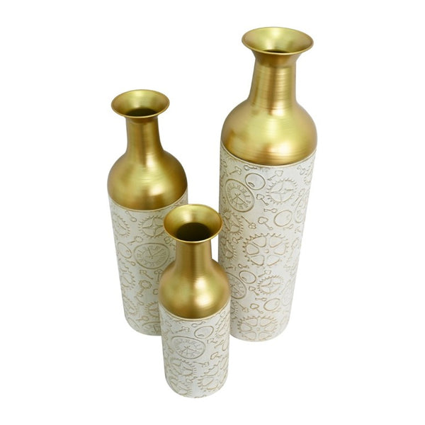 English Elm Decorative Antique White Gold Leaf Metal Floor Vase Trio for Living Room Entryway W5977P521300