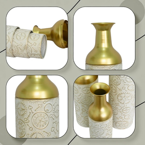 English Elm Decorative Antique White Gold Leaf Metal Floor Vase Trio for Living Room Entryway W5977P521300