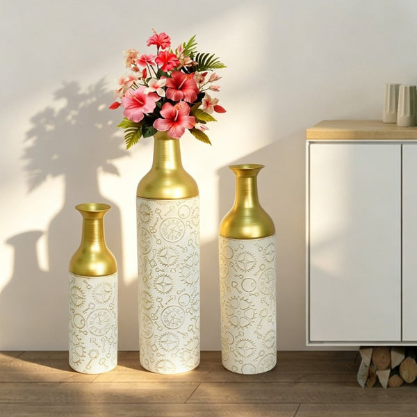 English Elm Decorative Antique White Gold Leaf Metal Floor Vase Trio for Living Room Entryway W5977P521300