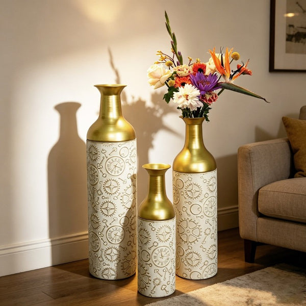 English Elm Decorative Antique White Gold Leaf Metal Floor Vase Trio for Living Room Entryway W5977P521300