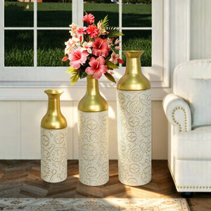 English Elm Decorative Antique White Gold Leaf Metal Floor Vase Trio for Living Room Entryway W5977P521300