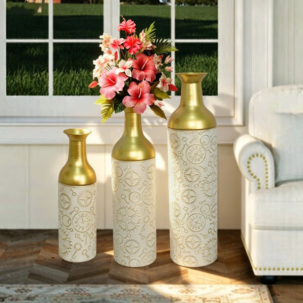 English Elm Decorative Antique White Gold Leaf Metal Floor Vase Trio for Living Room Entryway W5977P521300