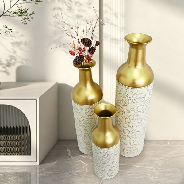 English Elm Decorative Antique White Gold Leaf Metal Floor Vase Trio for Living Room Entryway W5977P521300