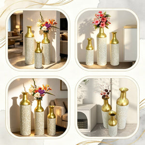 English Elm Decorative Antique White Gold Leaf Metal Floor Vase Trio for Living Room Entryway W5977P521300