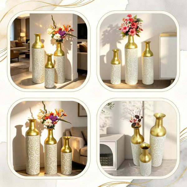 English Elm Decorative Antique White Gold Leaf Metal Floor Vase Trio for Living Room Entryway W5977P521300