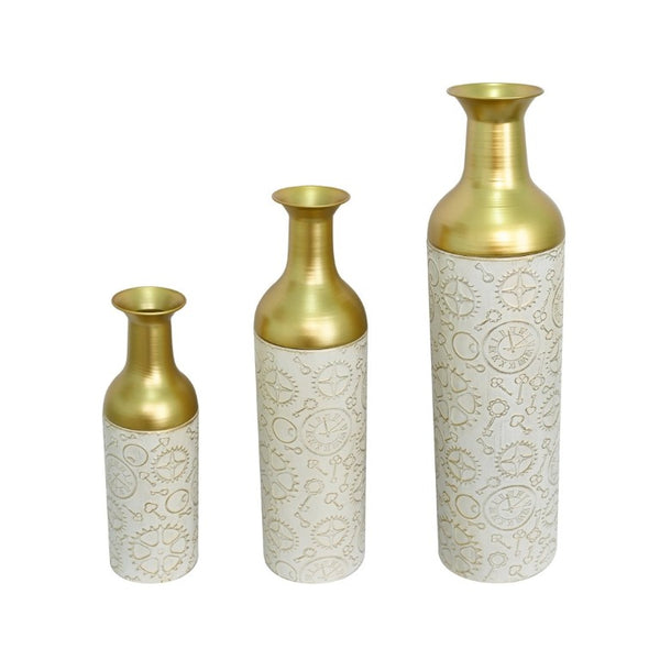 English Elm Decorative Antique White Gold Leaf Metal Floor Vase Trio for Living Room Entryway W5977P521300