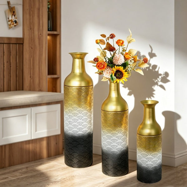English Elm Decorative Metal Floor Vase Set Three Graduated Heights Leaf Embossed Living Room Accent W5977P521301